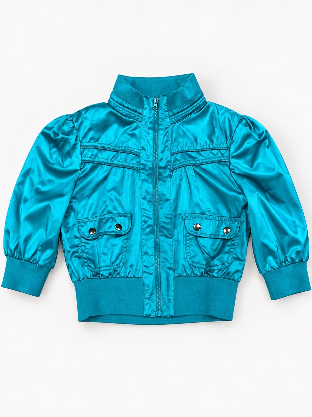 SWS Y2K Teal Satin Bomber Jacket Puff Sleeve Cropped XL